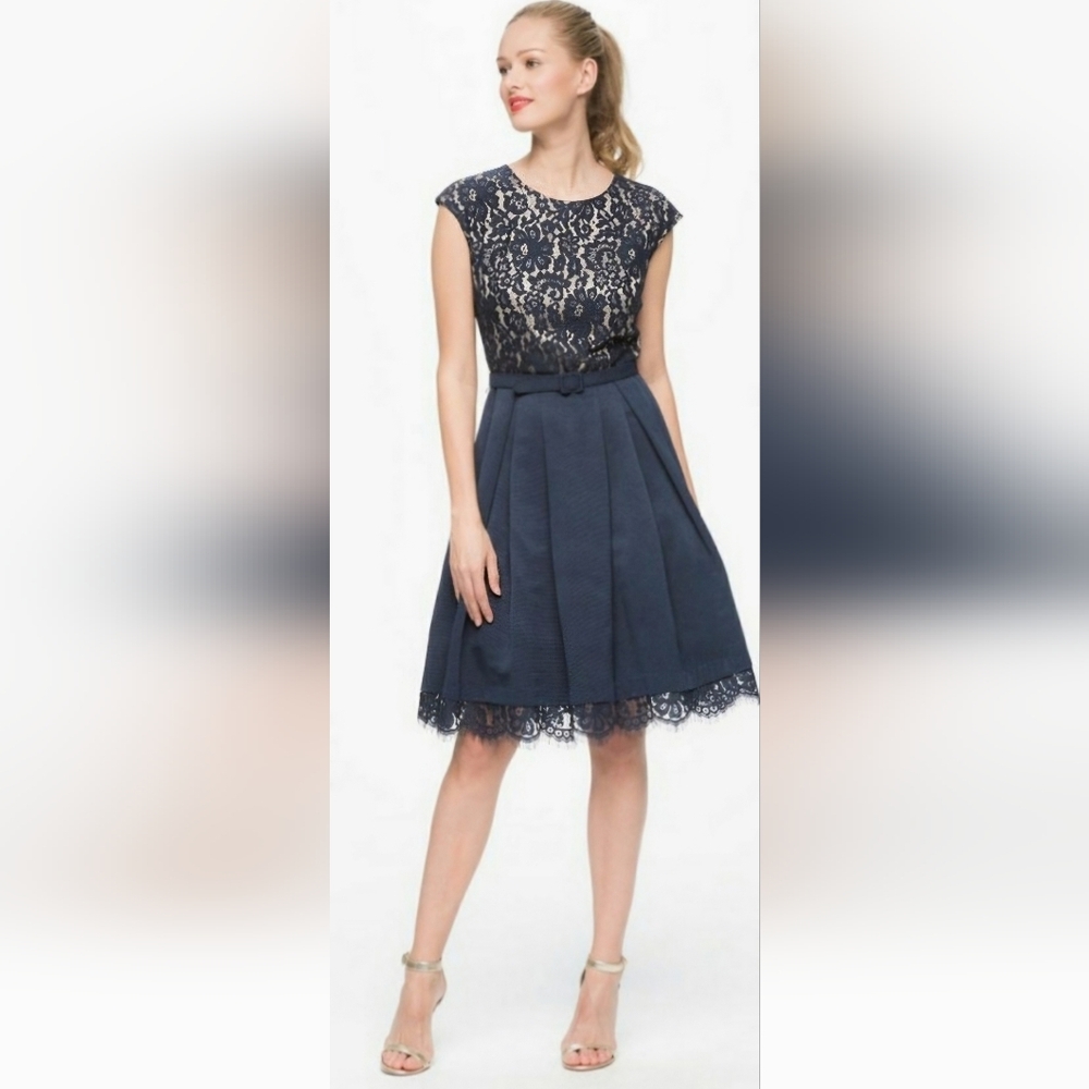 Eliza J Navy Lace Bodice Midi Dress
